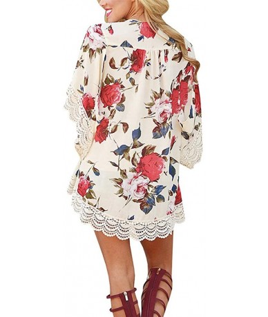 Cover-Ups Women Chiffon Printed Cardigan Kimono Robe Tops Beach Bikini Cover up Blouse - 002-rose - CR182LH8Y9L $30.88