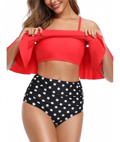 Sets Women Off Shoulder Bikini Set Ruffled Printed High Waist Bottom Bathing Suit Swimsuits - Red Polka Dot - C318TI8ON4K $25.93