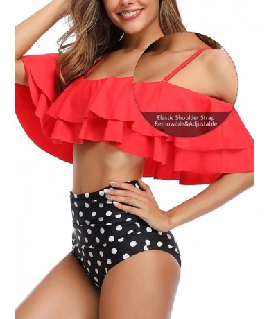 Sets Women Off Shoulder Bikini Set Ruffled Printed High Waist Bottom Bathing Suit Swimsuits - Red Polka Dot - C318TI8ON4K $25.93