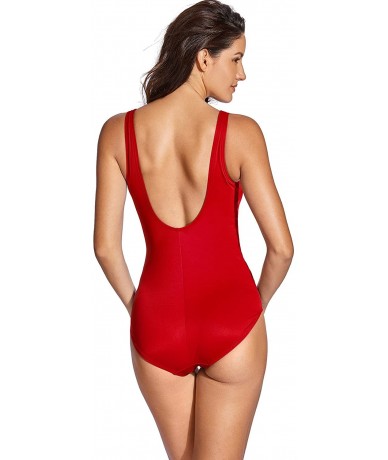 One-Pieces Women's Ruched Slimming Swimwear Tummy Control Bathing Suit One Piece Swimsuits - Dark Red - CC182OWUT9K $57.25