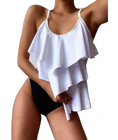 Sets Women Strappy Swimsuit Two Piece Bathing Suit Ruffled Flounce Top with Triangle Bottom Tankini - White - CC190MQ7MID $27.06