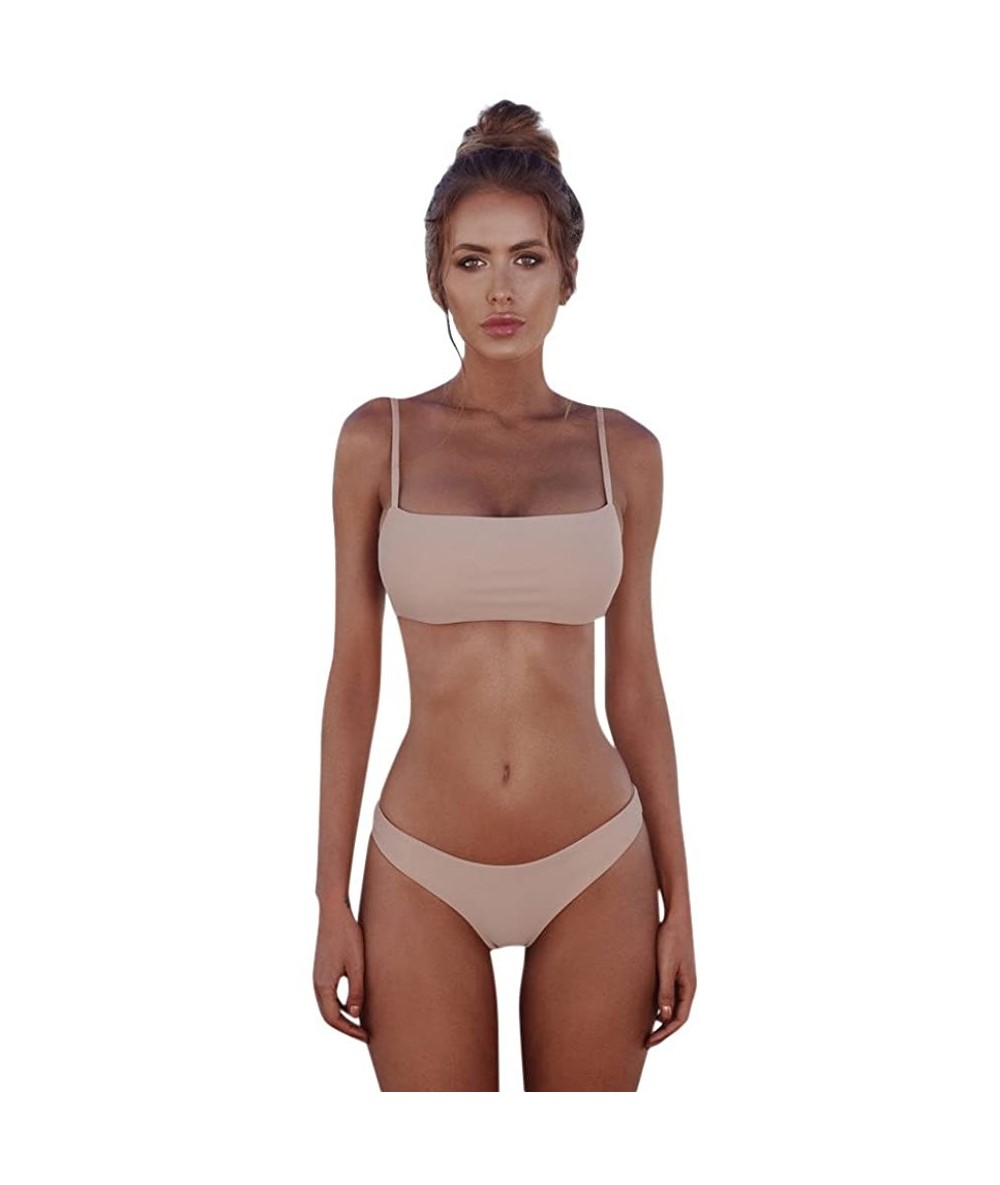 Sets Women Swimsuit Two Piece Bandage Bikini Set Push-Up Brazilian Swimwear Beachwear Swimsuit Bathing Suits - Beige - CY18LT...