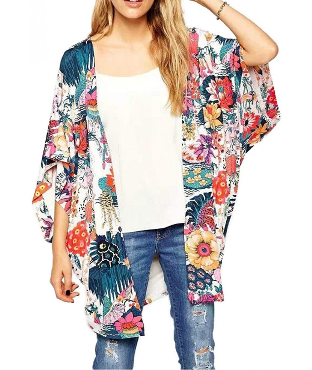 Cover-Ups Womens Floral Print Chiffon Kimono Cardigans Loose Beach Cover Up Puff Sleeve Blouse Tops - Colorful - CG18RGEHWSM ...