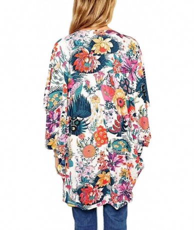 Cover-Ups Womens Floral Print Chiffon Kimono Cardigans Loose Beach Cover Up Puff Sleeve Blouse Tops - Colorful - CG18RGEHWSM ...