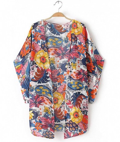 Cover-Ups Womens Floral Print Chiffon Kimono Cardigans Loose Beach Cover Up Puff Sleeve Blouse Tops - Colorful - CG18RGEHWSM ...