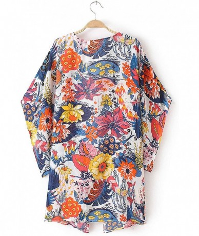 Cover-Ups Womens Floral Print Chiffon Kimono Cardigans Loose Beach Cover Up Puff Sleeve Blouse Tops - Colorful - CG18RGEHWSM ...