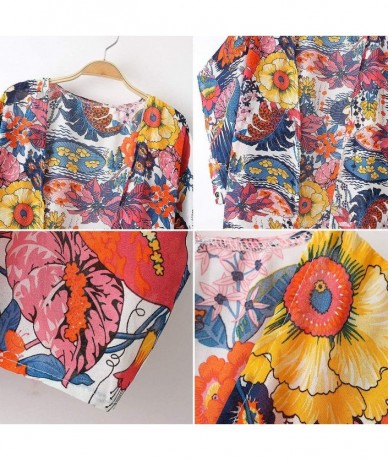 Cover-Ups Womens Floral Print Chiffon Kimono Cardigans Loose Beach Cover Up Puff Sleeve Blouse Tops - Colorful - CG18RGEHWSM ...