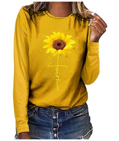 Rash Guards Long Sleeve Round Neck Blouse for Women Casual Sunflower Print Top Tshirt - Yellow - C218XQ98URD $24.52