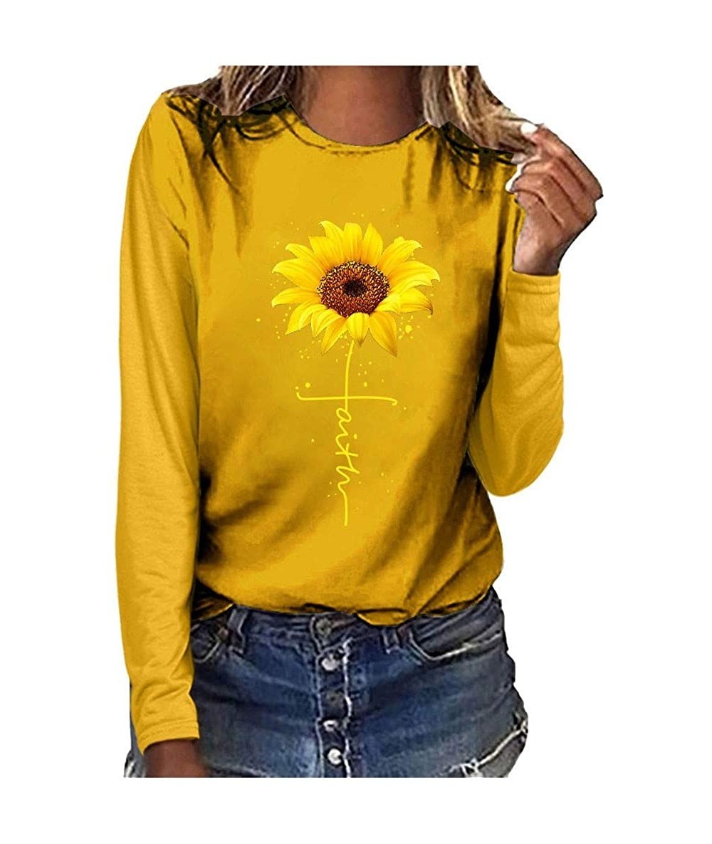 Rash Guards Long Sleeve Round Neck Blouse for Women Casual Sunflower Print Top Tshirt - Yellow - C218XQ98URD $24.52