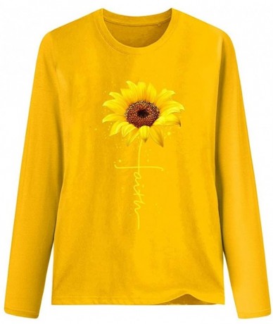 Rash Guards Long Sleeve Round Neck Blouse for Women Casual Sunflower Print Top Tshirt - Yellow - C218XQ98URD $24.52