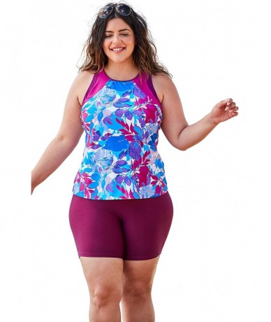 Tankinis Women's Plus Size Colorblock Tankini Top with Sun Protection - Blue Multi Floral (2548) - CO1900UX8CY $47.51