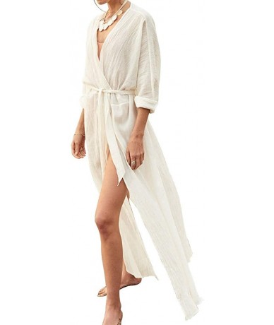 Cover-Ups Women Bathing Suit Cover up Long Cardigan Loose Swimwear Bikini Swimsuit Beach Dress - A White - CQ19453UA3E $39.88