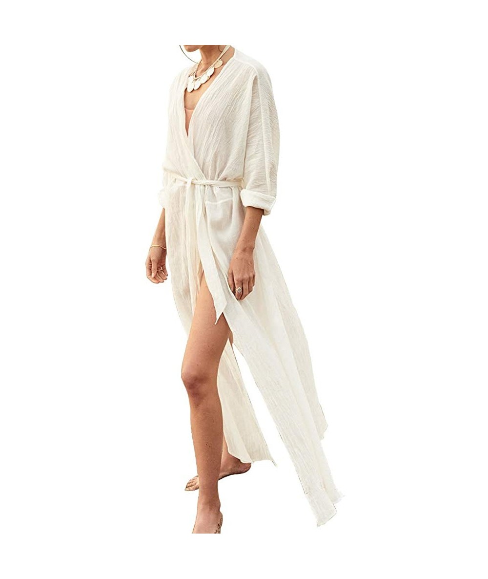 Cover-Ups Women Bathing Suit Cover up Long Cardigan Loose Swimwear Bikini Swimsuit Beach Dress - A White - CQ19453UA3E $39.88