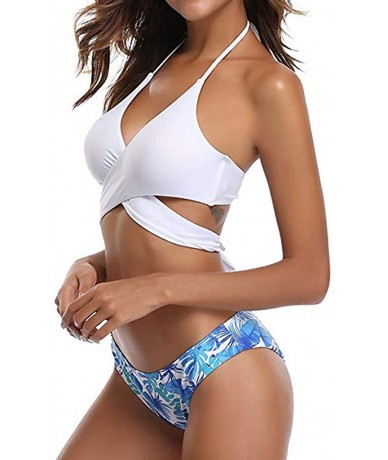 Tankinis Women Two Pieces Bathing Suit Top Stagger with High Waisted Bottom Bikini Set - White - CD193XEWG6S $20.97