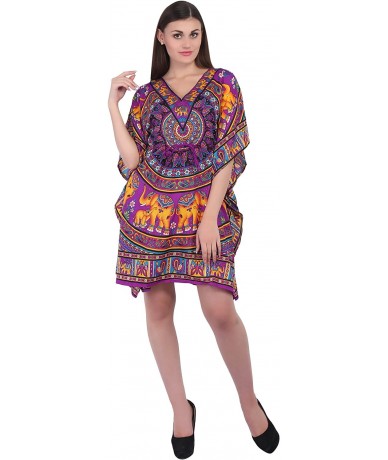 Cover-Ups Womens Boho Hippie Kaftan Short Length Night Wear Free Size Polyester Dress - Blue - Purple - CC18D063OMH $19.75