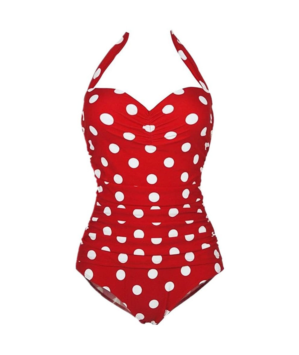 One-Pieces 50s Retro Polka Dot Vintage One Piece Pin Up Monokinis Swimsuit - Red - C812CG2QAVN $37.14