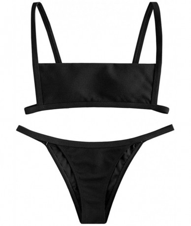 Sets Women's Ribbed Square Neck Padded High Cut String Bikini Set Swimsuit - A-black - CA198XQ7E23 $39.63