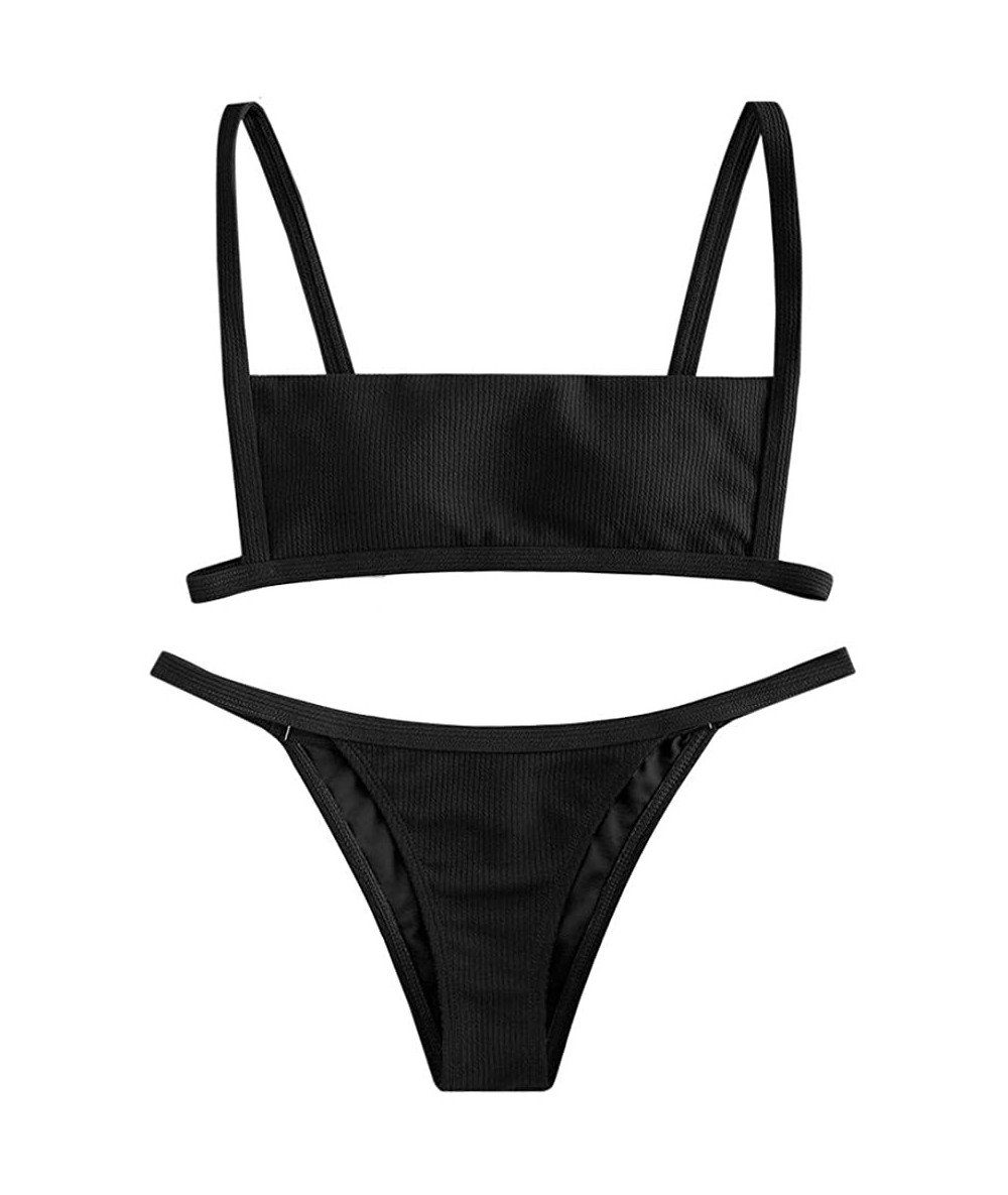 Sets Women's Ribbed Square Neck Padded High Cut String Bikini Set Swimsuit - A-black - CA198XQ7E23 $39.63