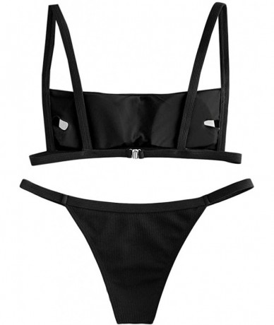 Sets Women's Ribbed Square Neck Padded High Cut String Bikini Set Swimsuit - A-black - CA198XQ7E23 $39.63