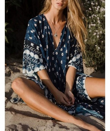 Cover-Ups Women Bathing Suit Cover Up Ethnic Print Kaftan Beach Maxi Dresses - A-blue - C5198DREIZS $44.20