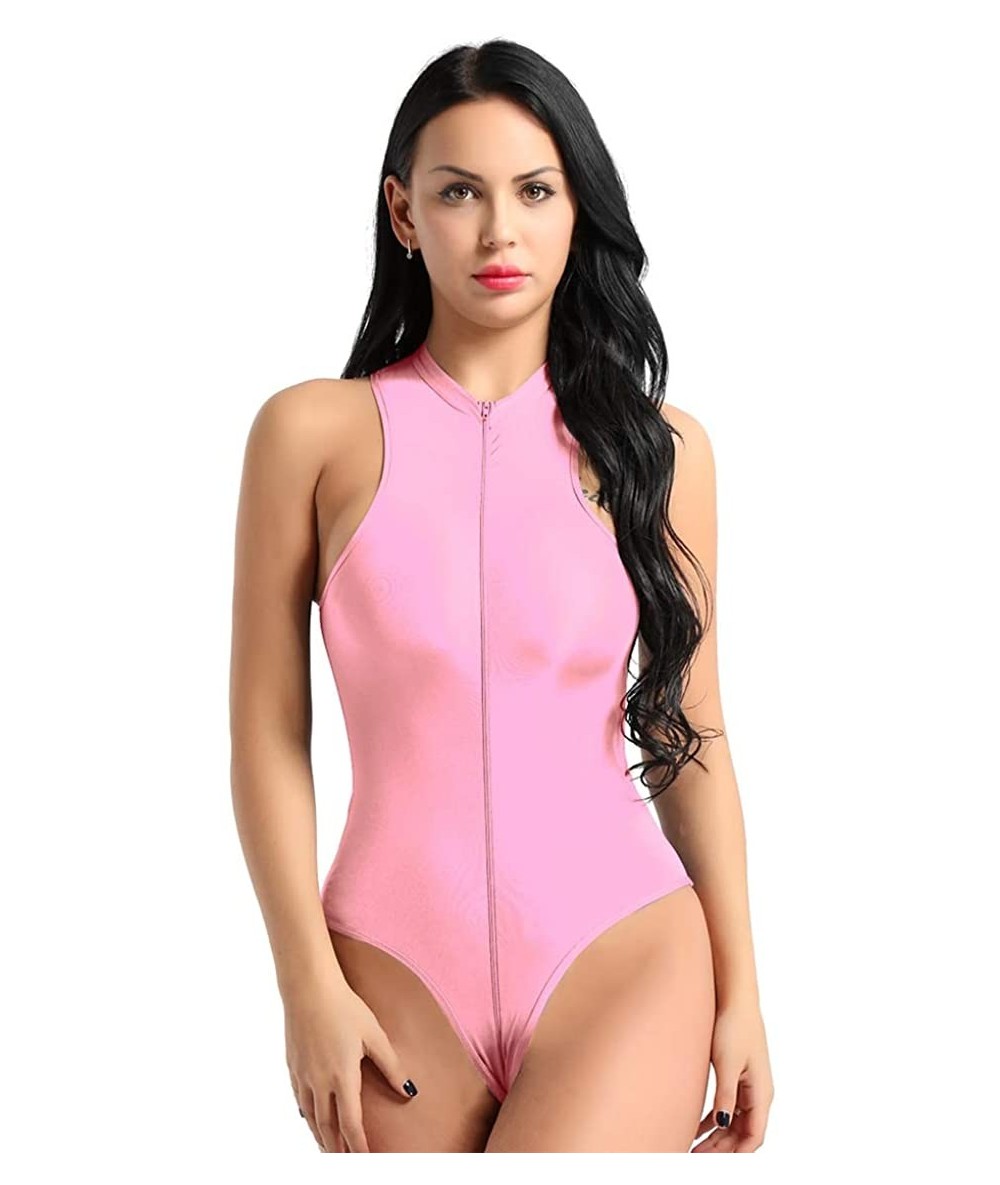 One-Pieces Women's One Piece Silk Mock Neck High Cut Zipper Crotch Thong Leotard Bodysuit Swimwear - Pink - CU18NGUCL0H $39.16