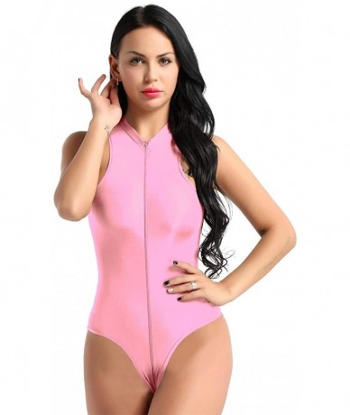 One-Pieces Women's One Piece Silk Mock Neck High Cut Zipper Crotch Thong Leotard Bodysuit Swimwear - Pink - CU18NGUCL0H $39.16