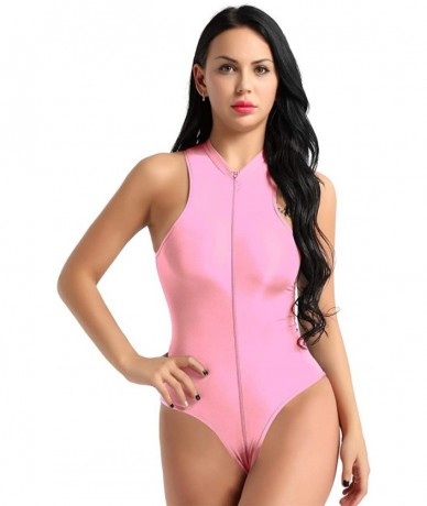 One-Pieces Women's One Piece Silk Mock Neck High Cut Zipper Crotch Thong Leotard Bodysuit Swimwear - Pink - CU18NGUCL0H $39.16