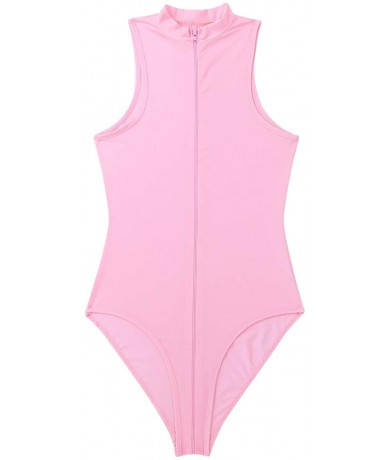 One-Pieces Women's One Piece Silk Mock Neck High Cut Zipper Crotch Thong Leotard Bodysuit Swimwear - Pink - CU18NGUCL0H $39.16