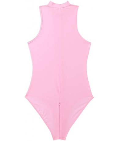 One-Pieces Women's One Piece Silk Mock Neck High Cut Zipper Crotch Thong Leotard Bodysuit Swimwear - Pink - CU18NGUCL0H $39.16