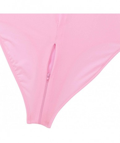 One-Pieces Women's One Piece Silk Mock Neck High Cut Zipper Crotch Thong Leotard Bodysuit Swimwear - Pink - CU18NGUCL0H $39.16