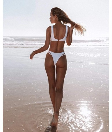 Sets Women's Sexy Scoop Neck Padded Cutout Strappy Thong Bikini Set Swimsuit - White - CZ197QLX3U7 $35.59