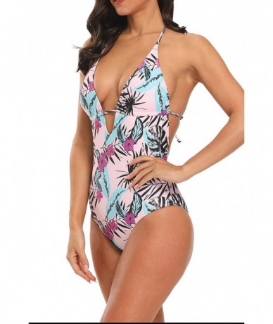 One-Pieces One Piece Swimsuit for Women Bathing Suits Tummy Control Sexy Swimwear High Cut Halter Tie Floral Monokini 04 pink...