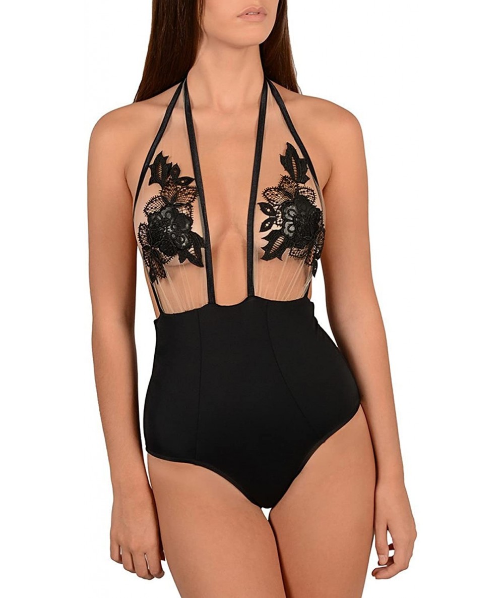 One-Pieces Women's Sexy Sheer Mesh Embroidery Rose Deep V Neck Tie Halter Retro One Piece Swimsuit Bathing Suit - Black 1 - C...