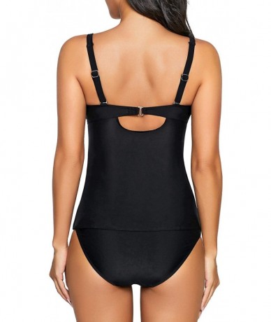 Tankinis Womens Solid Color Two Pieces Swimsuit Panel Tankini with Briefs Swimwear - Black - CP193OZNR7I $38.61