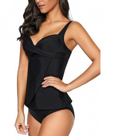 Tankinis Womens Solid Color Two Pieces Swimsuit Panel Tankini with Briefs Swimwear - Black - CP193OZNR7I $38.61