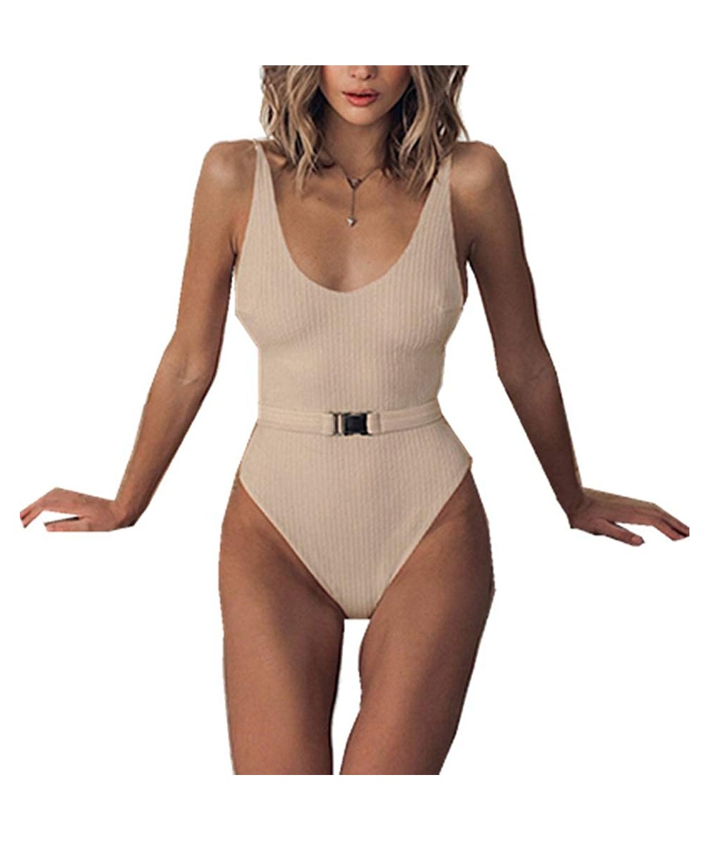 One-Pieces Women's One Piece Swimsuit Cut Out Sexy Bikini Swimwear Bathing Suit Thong Belt Swim Suit High Cut - Khaki - CY18Q...