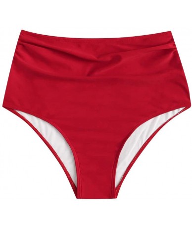 Bottoms Women's Bikini Bottom Wavy High Waisted Hipster Panty Swimwear Beachwear Bathing Suit (Red- L) - Red - CV1955IZCUQ $1...