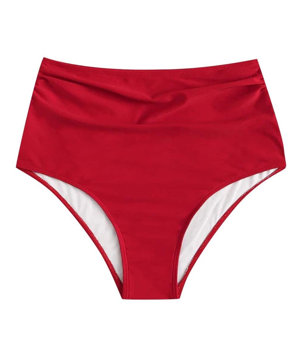 Bottoms Women's Bikini Bottom Wavy High Waisted Hipster Panty Swimwear Beachwear Bathing Suit (Red- L) - Red - CV1955IZCUQ $1...