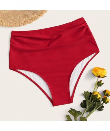 Bottoms Women's Bikini Bottom Wavy High Waisted Hipster Panty Swimwear Beachwear Bathing Suit (Red- L) - Red - CV1955IZCUQ $1...