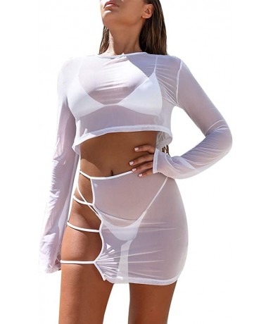 Cover-Ups Women's Sheer Mesh 2 Piece Outfits See Through Long Sleeve Crop Tops + Bodycon Party Mini Skirt Jumpsuits Set White...