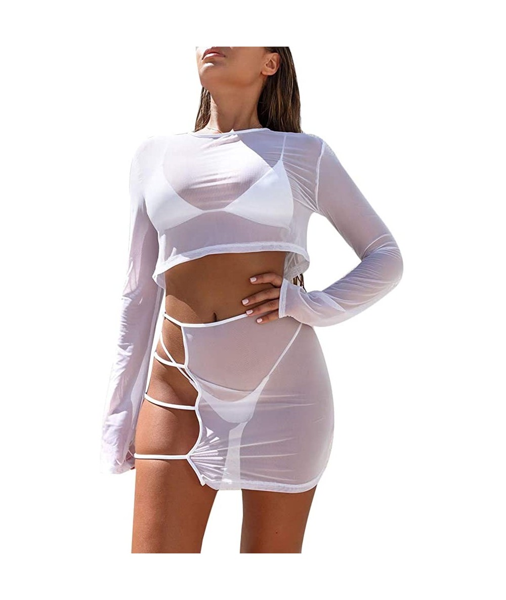 Cover-Ups Women's Sheer Mesh 2 Piece Outfits See Through Long Sleeve Crop Tops + Bodycon Party Mini Skirt Jumpsuits Set White...