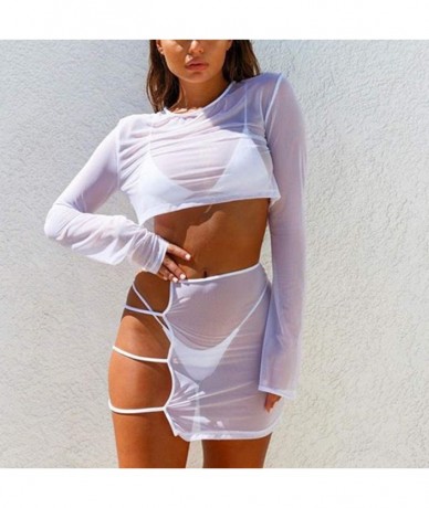 Cover-Ups Women's Sheer Mesh 2 Piece Outfits See Through Long Sleeve Crop Tops + Bodycon Party Mini Skirt Jumpsuits Set White...