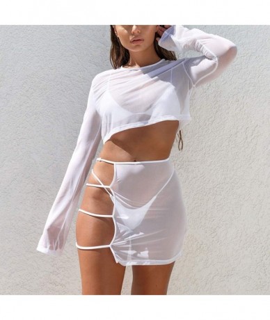 Cover-Ups Women's Sheer Mesh 2 Piece Outfits See Through Long Sleeve Crop Tops + Bodycon Party Mini Skirt Jumpsuits Set White...