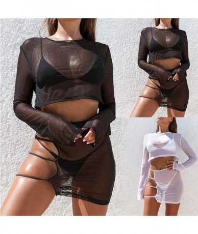 Cover-Ups Women's Sheer Mesh 2 Piece Outfits See Through Long Sleeve Crop Tops + Bodycon Party Mini Skirt Jumpsuits Set White...