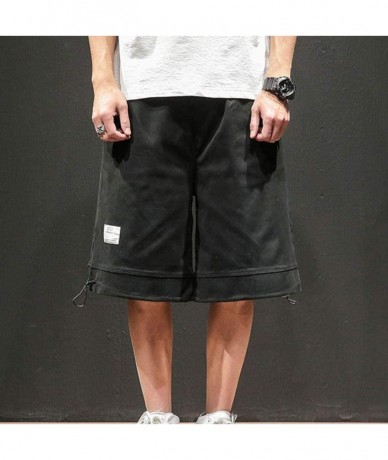 Trunks Mens Casual Big and Tall Cargo Shorts Outdoor Drawstring Beach Trunks Fashion Solid Relaxed Fit Walk Pants - Black - C...