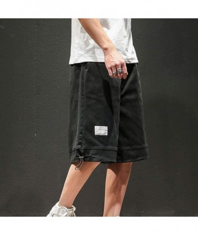 Trunks Mens Casual Big and Tall Cargo Shorts Outdoor Drawstring Beach Trunks Fashion Solid Relaxed Fit Walk Pants - Black - C...