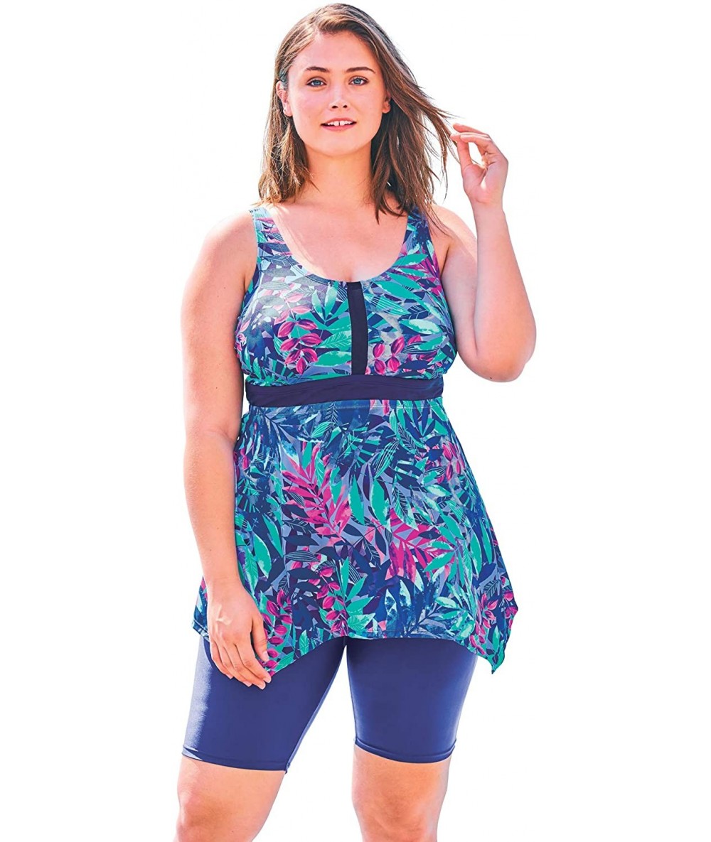 Tankinis Women's Plus Size Handkerchief-Hem Tankini Top - Multi Palm Leaf Print (0076) - CU195SQ9R05 $72.90