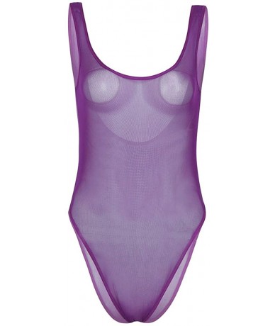 One-Pieces Women's One Piece Sheer Mesh See Through Low Cut Leotard Bodysuit Sleepwear Nightwear Swimsuits - Purple - C318UG8...