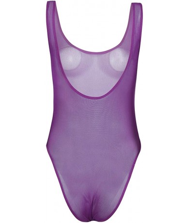 One-Pieces Women's One Piece Sheer Mesh See Through Low Cut Leotard Bodysuit Sleepwear Nightwear Swimsuits - Purple - C318UG8...