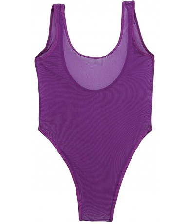 One-Pieces Women's One Piece Sheer Mesh See Through Low Cut Leotard Bodysuit Sleepwear Nightwear Swimsuits - Purple - C318UG8...